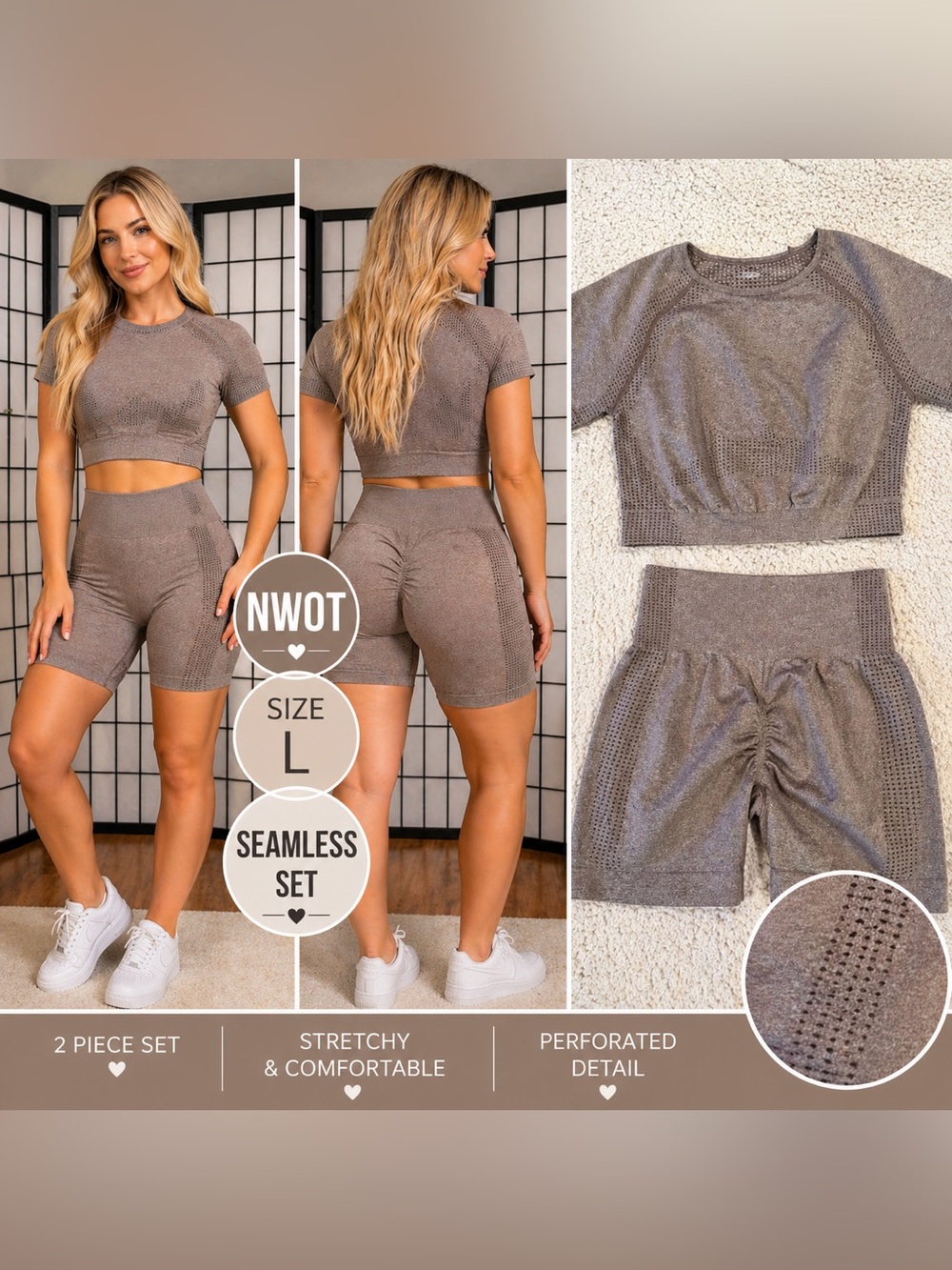 Seamless Workout Set Women’s‎ Large 2pc Gym Set Shorts Crop Top Activewear EUC